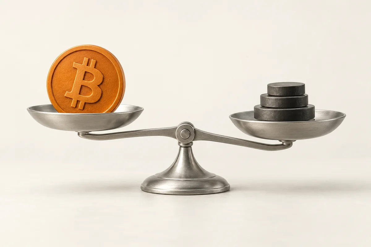 A balance scale weighing an orange Bitcoin token against a stack of smaller transaction-cost tokens.