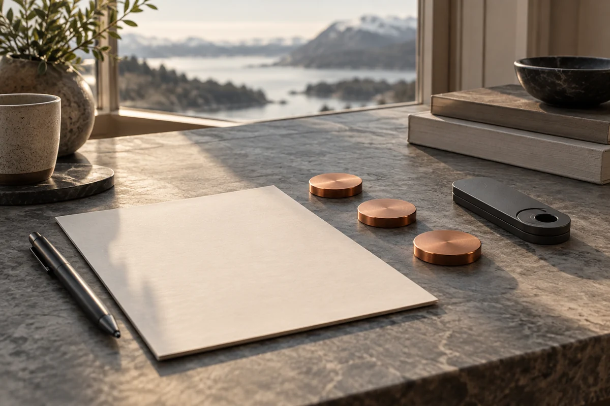 Editorial illustration of blank paper, unmarked copper discs and an abstract signing device.