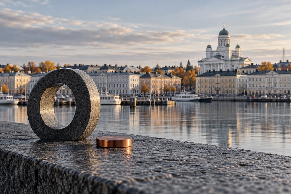 Editorial illustration of a stone ring and a copper disc beside the Helsinki waterfront.