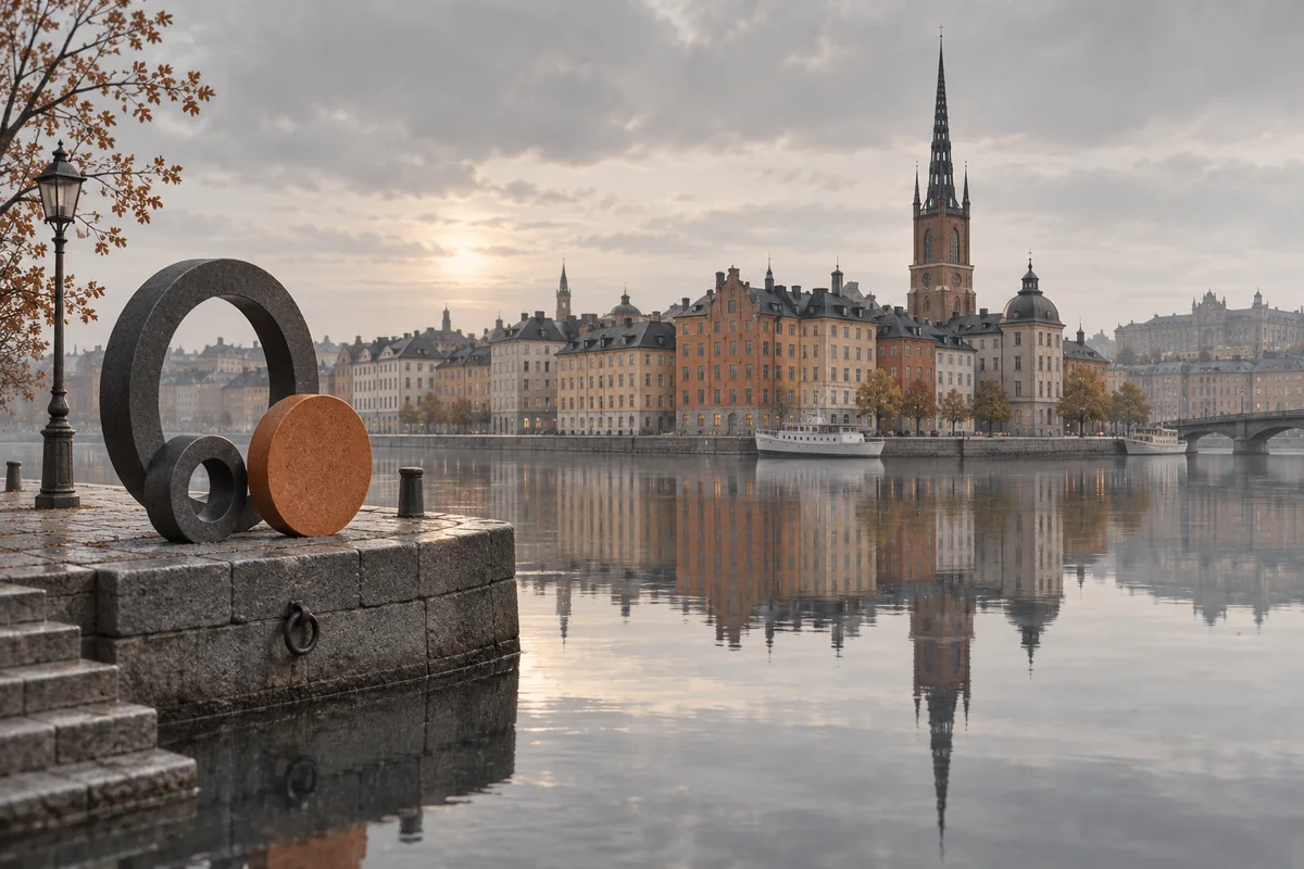 Illustrated Stockholm waterfront with historic buildings, calm water and a geometric digital-finance sculpture on the quay.
