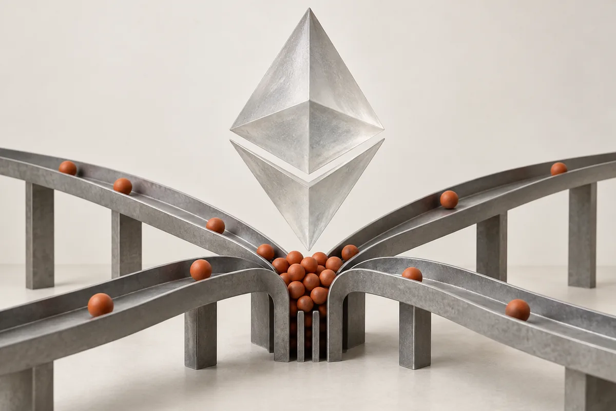 Orange spheres gathering at a narrow channel beneath an Ethereum-shaped glass sculpture.