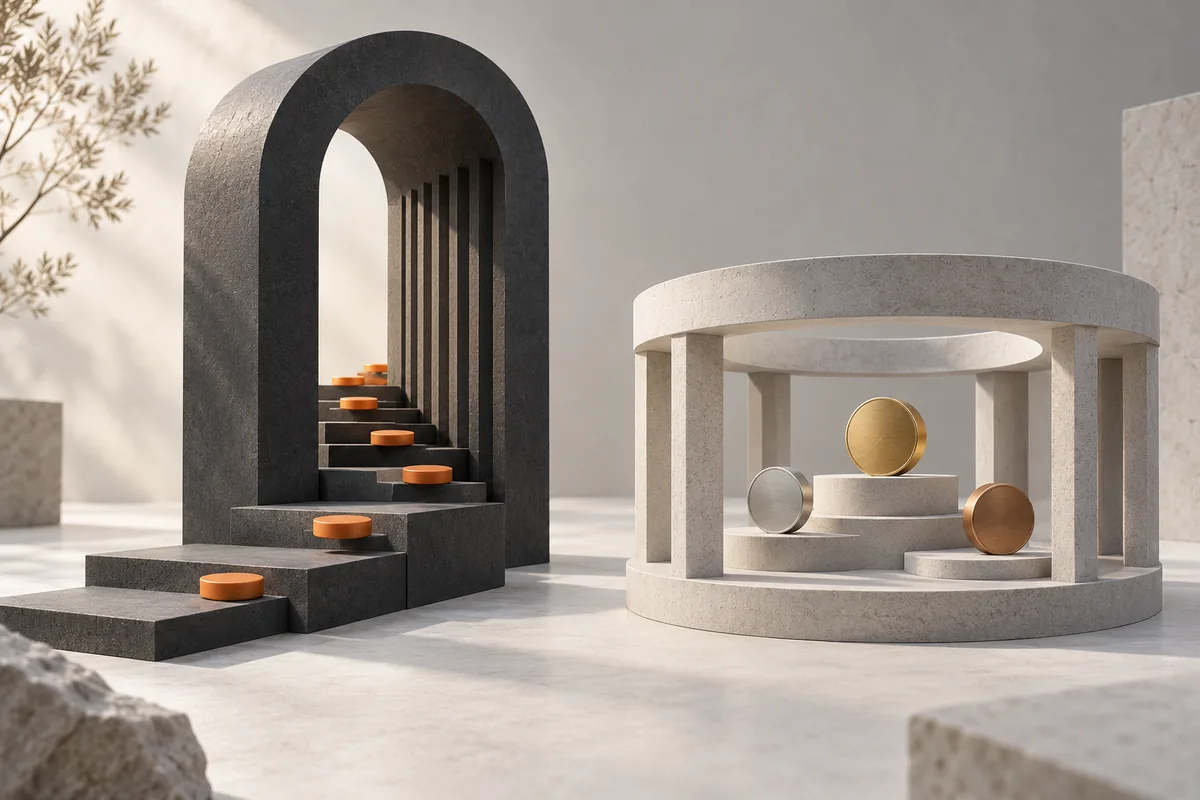 Conceptual illustration of two different trading venues, with orange order tokens on dark steps and metal tokens in a pale circular pavilion.