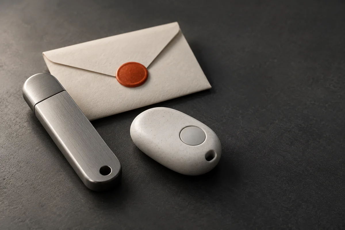 Conceptual illustration of two unbranded security keys beside a sealed recovery envelope on a charcoal surface.