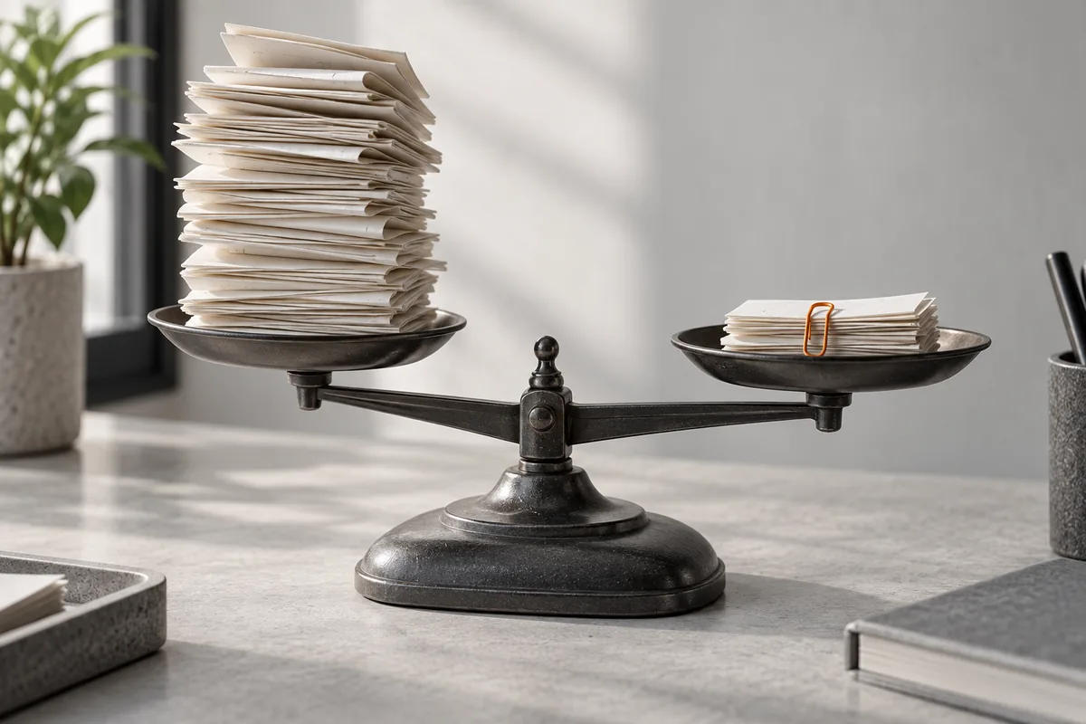 Balance scale holding two stacks of blank expense slips to illustrate total platform costs.