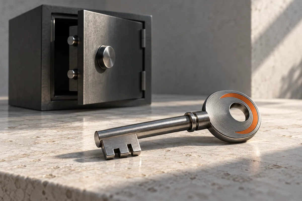 Steel key beside an open safe, illustrating control of wallet recovery keys.