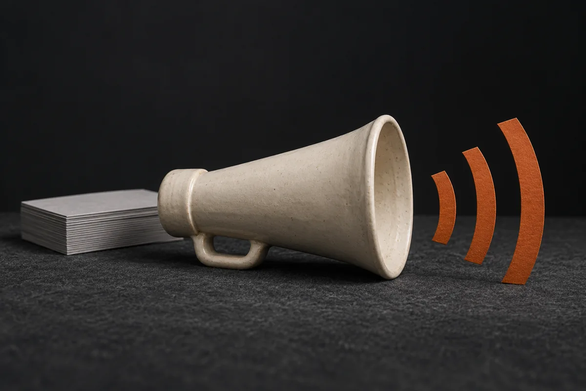 An ivory ceramic megaphone with three orange paper signal arcs and a stack of blank cards on a dark surface.