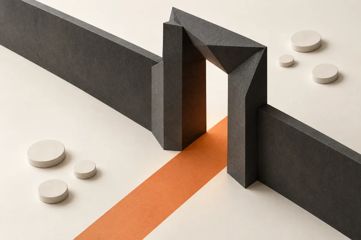 Conceptual illustration of a charcoal regulatory gateway separating unmarked token shapes on an off-white surface.