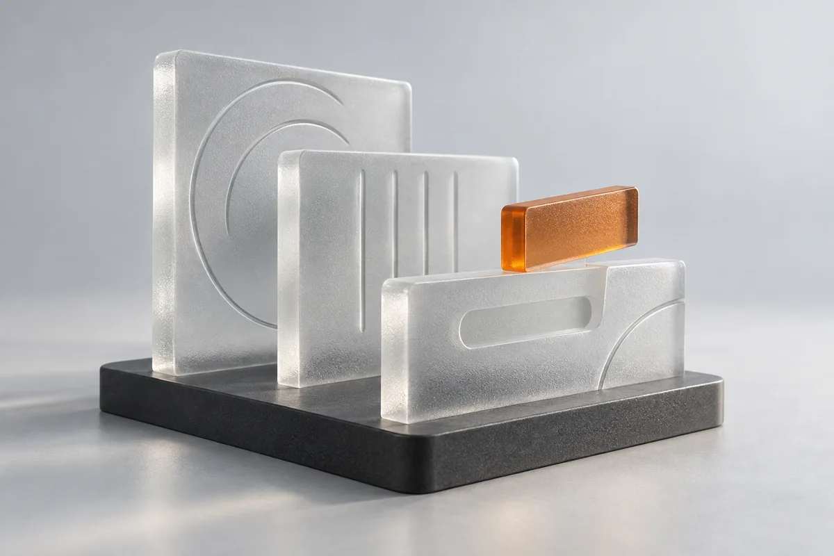 Three frosted glass plates on a dark base with an orange insert poised above a slot, illustrating a staged software update.